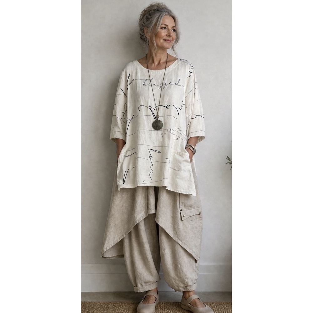 Chalet Et Ceci Linen Tunic Top Lagenlook Minimalist White Black Letters L